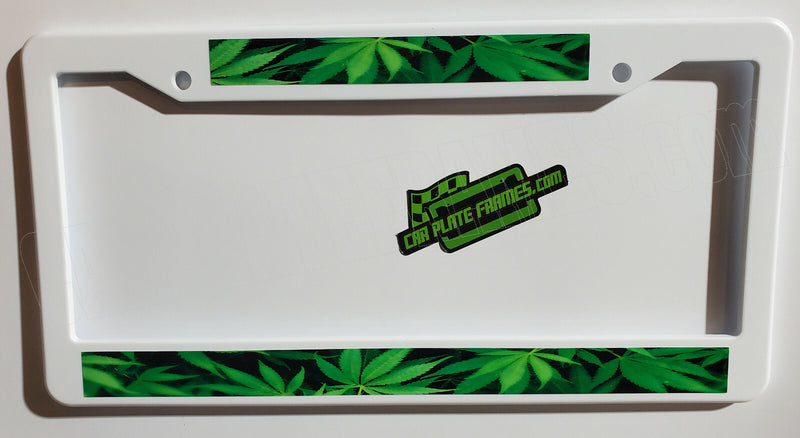 HEMP WEED POT MARIJUANA LEAVES WHITE FRAME PLATE HOLDER License Plate Frame