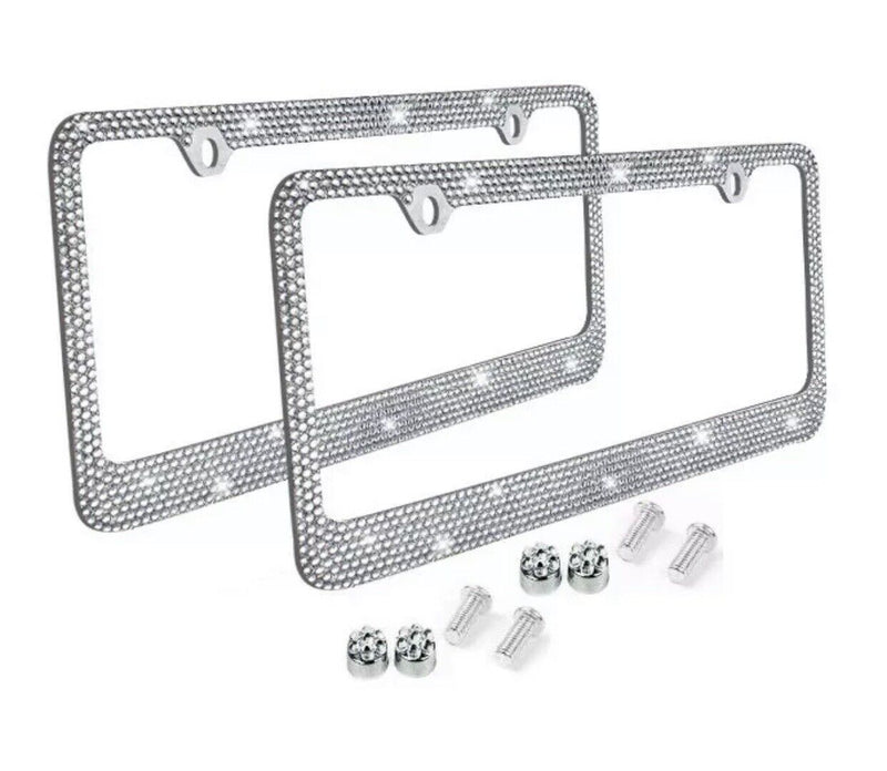 2X Metal Silver Crystal Diamond Style License Plate Frame Universal Fit
