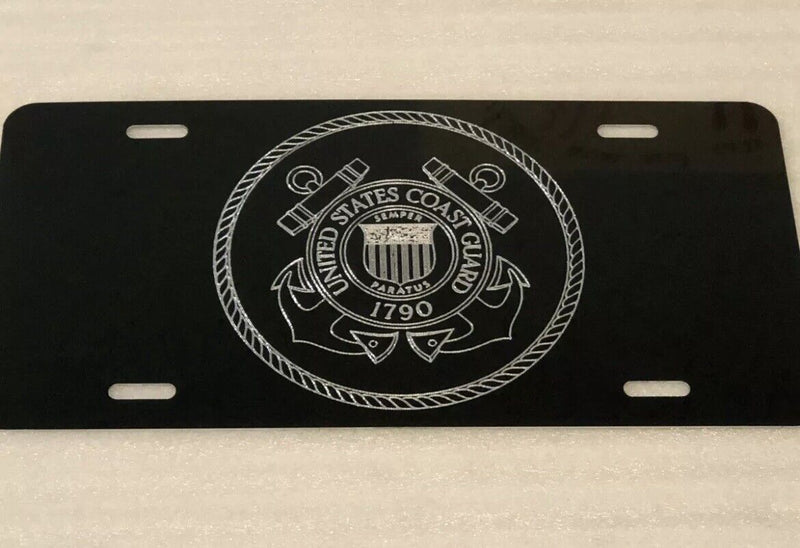 US Coast Guard A1 Logo Car Tag Diamond Etched on Black Aluminum License Plate