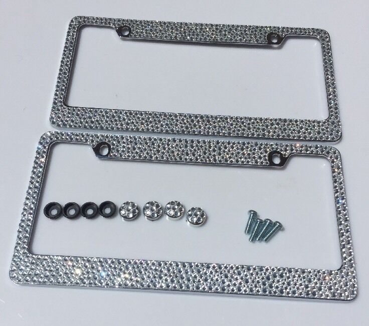 2 License Plate Frames Screw Cap Crystal Diamond Rhinestone Bling Mix Clear