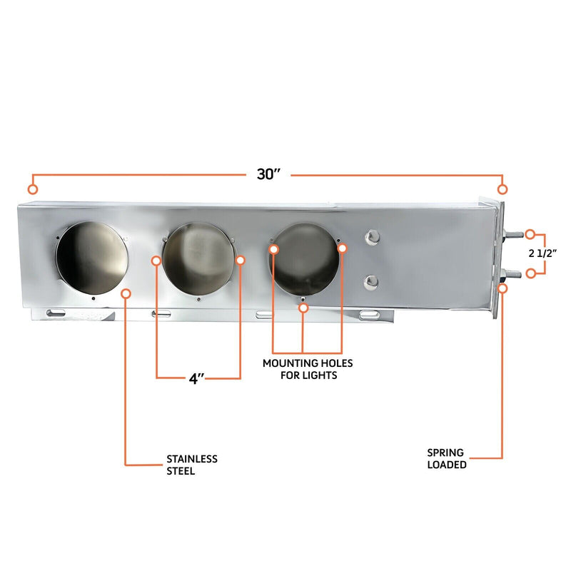 30" Stainless Steel Mud Flap Hanger w/ Light Cutouts Spring Loaded 2 1/2 Pattern