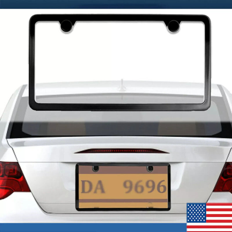 Stainless Steel License Plate Frame w Screw Caps Thin 2 Hole- Silm Black ※