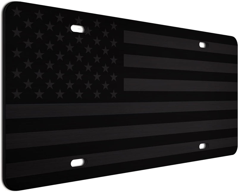 Subdued Tactical American Flag License Plate Matte Black on 1/8" Black Aluminum