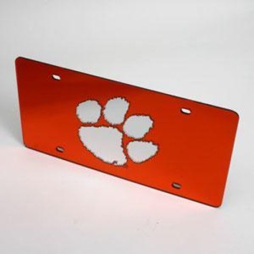 Clemson Tigers License Plate - Orange W/ Mirrored Acrylic Paw