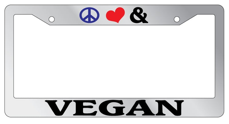 Chrome METAL License Plate Frame PEACE LOVE AND VEGAN Auto Accessory  Mod-GRAPH9856236-9259