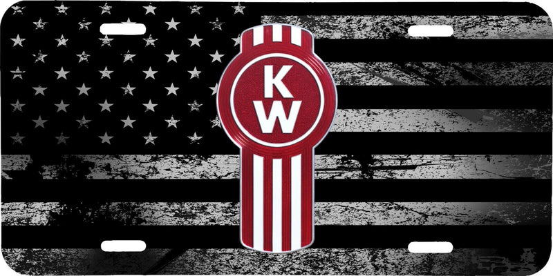 KENWORTH SEMI TRUCK LOGO GRAY AMERICAN FLAG LOOK VEHICLE LICENSE PLATE FRONT TAG