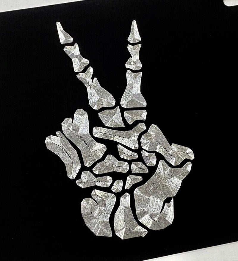 Skeleton Peace Sign Car Tag Engraved Diamond Etched Black Metal License Plate