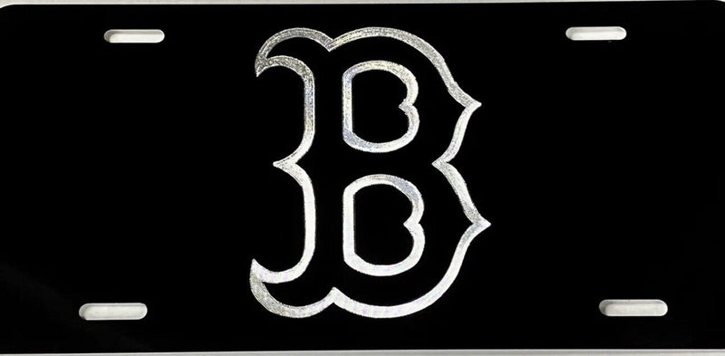 Engraved Boston Red Sox Big B Car Tag Diamond Etched Black Metal License Plate