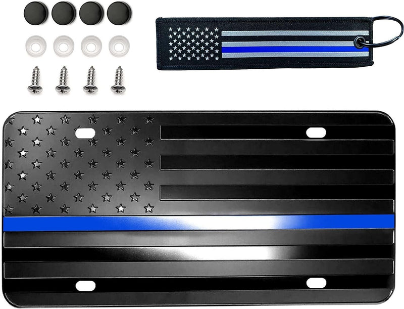 THIN BLUE LINE AMERICAN TACTICAL FLAG METAL CAR LICENSE PLATE SUPPORT POLICE