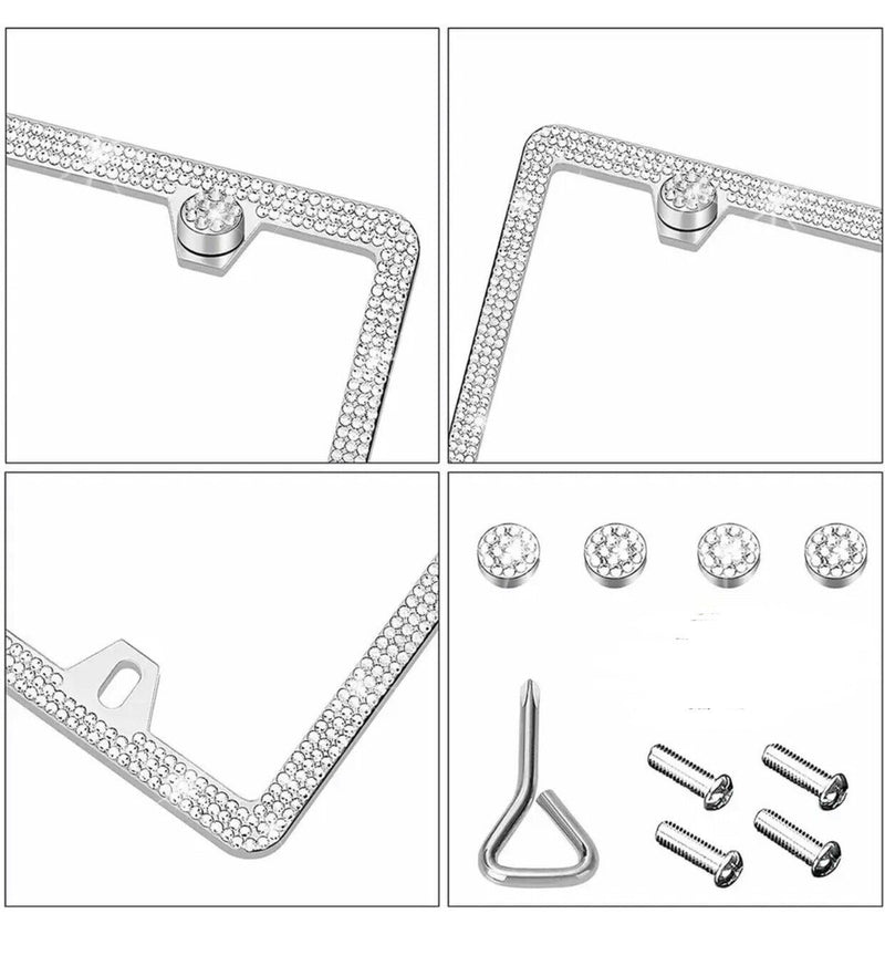 2pcs White Thin Diamond Bling Glitter Crystal RhineStone License Plate Frame Car