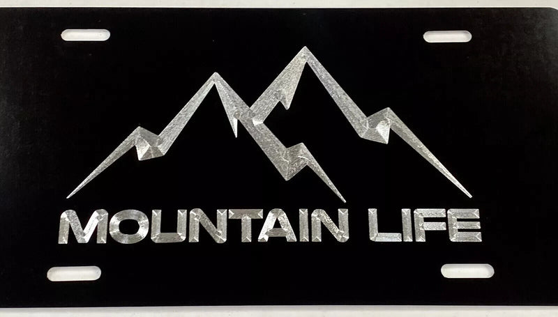 Engraved Mountain Life Car Tag Diamond Etched Black Metal License Plate Gift