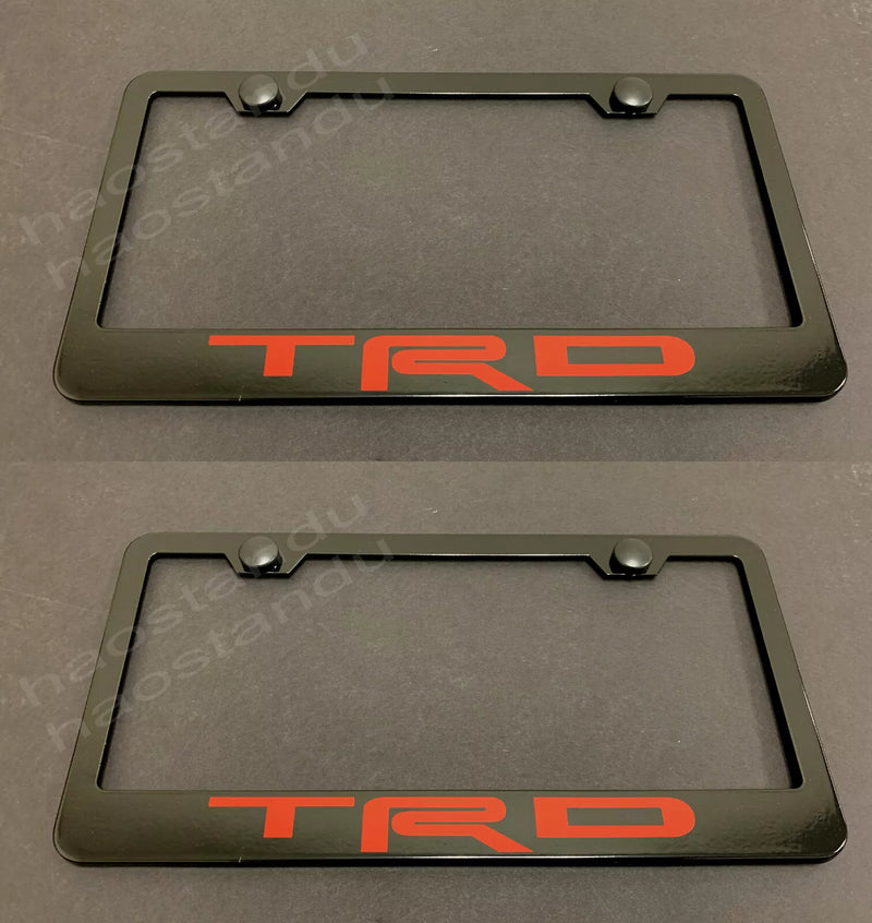 2x red TRD BLACK Stainless Metal License Plate Frame w/Screw Caps (RED)