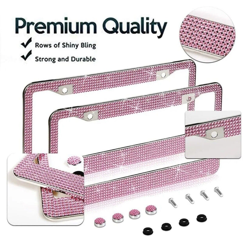 2Pcs Crystal Bling License Plate Frame W/ Screw Cap Covers, Women Car Accessories