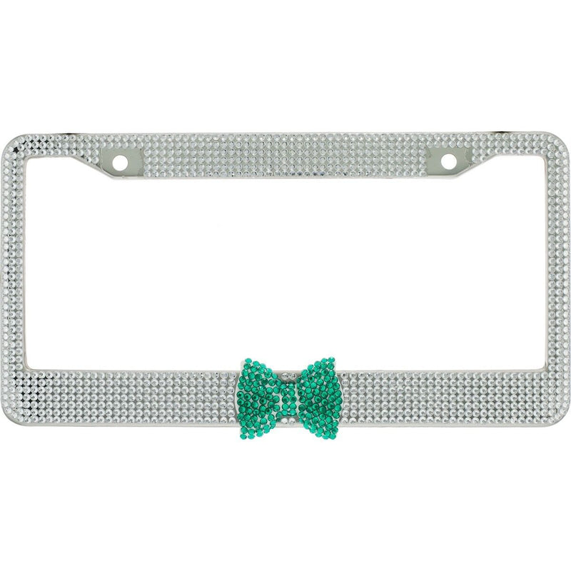 Clear 7 Rows Bling Diamond Crystal License Plate Frame With Green Bow Tie