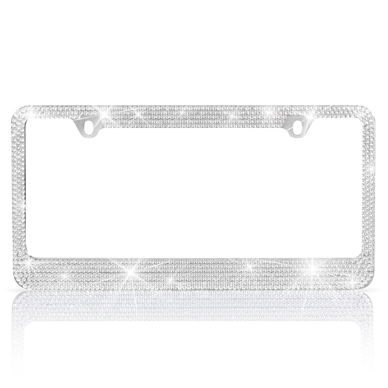 Rust Proof Metal Silver Crystal Bling License Plate Frame Universal Fit