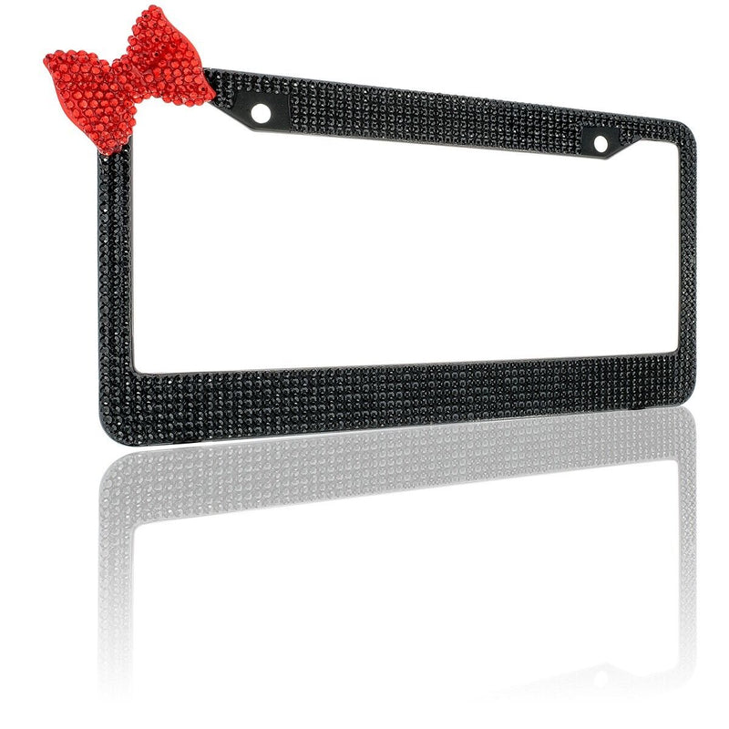 Black 7 Rows Bling Diamond Crystal License Plate Frame With Corner Red Bow Tie