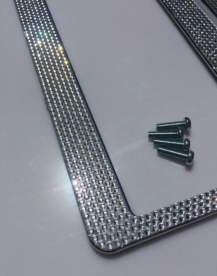 2pc Silver Diamond Bling Rhinestone Metal License Plate Frame Cover For Any Car