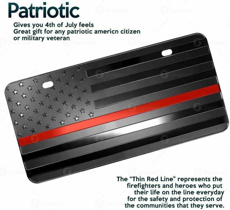 Black Aluminum Tactical Firefighter Flag Embossed License Plate Red Line