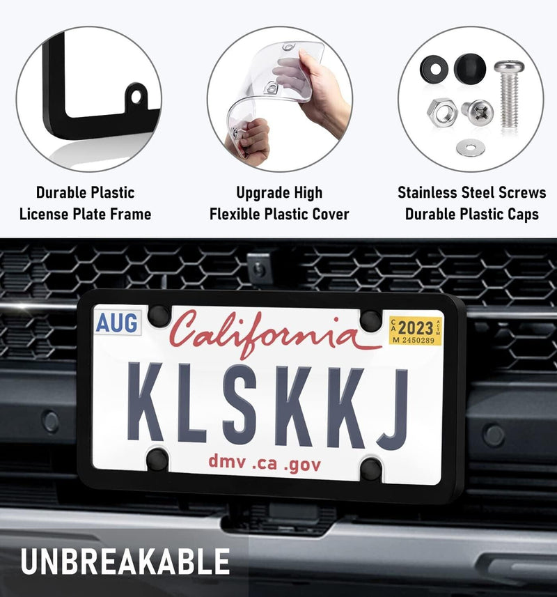 2 Unbreakable Clear License PlateShield Covers + 2 Black Frames + 8 Caps v2