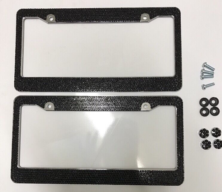 2 All Black Bling Glitter Crystal RhineStone License Plate Frame Car Truck Auto
