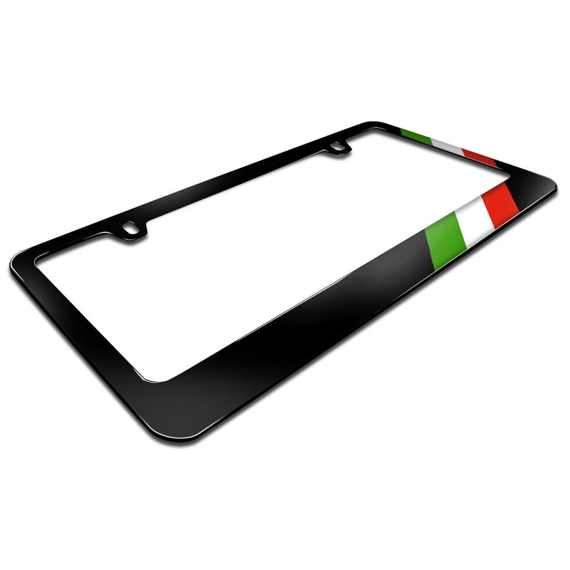 Italy Flag Off-center in Sports Racing Stripe Black Metal License Plate Frame
