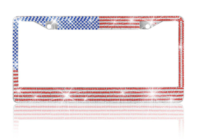 Stainless-Steel Metal USA American Flag Crystal Bling License Plate Frame