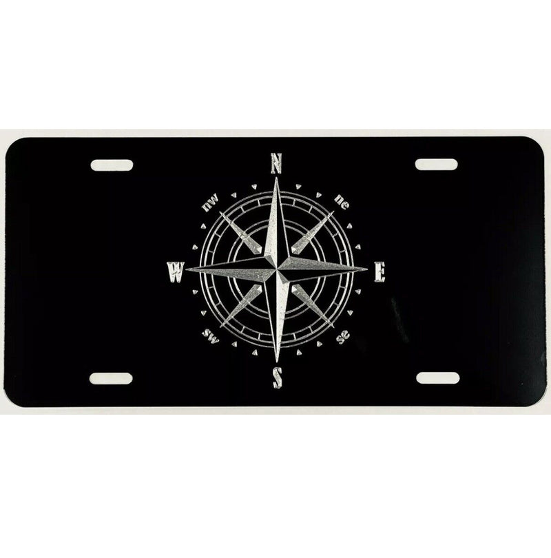 Compass Car Tag Engraved Etched on Gloss Black Aluminum License Plate GIFT