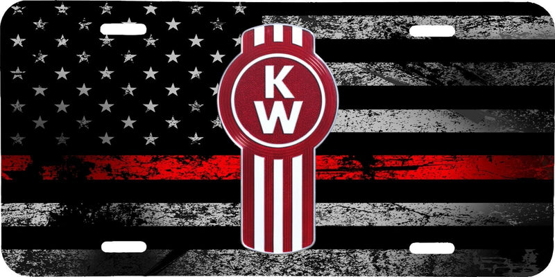 KENWORTH SEMI TRUCK THIN RED LINE AMERICAN FLAG LOOK VEHICLE LICENSE PLATE TAG