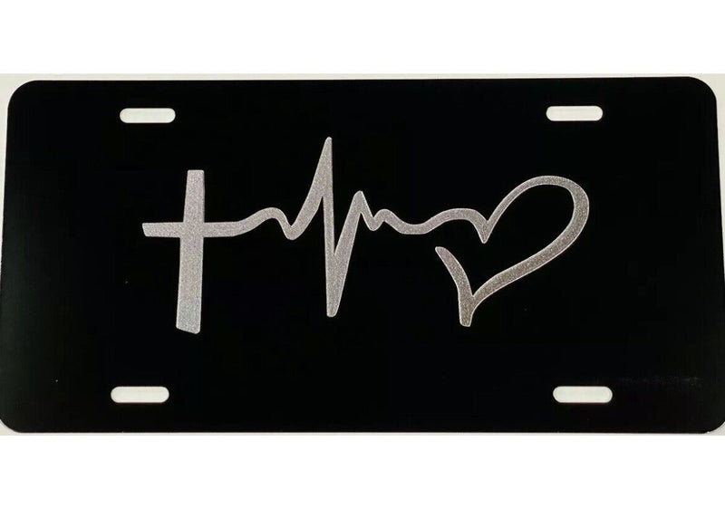 Cross Heartbeat Heart Diamond Etched Engraved License Plate Car Tag Great Gift
