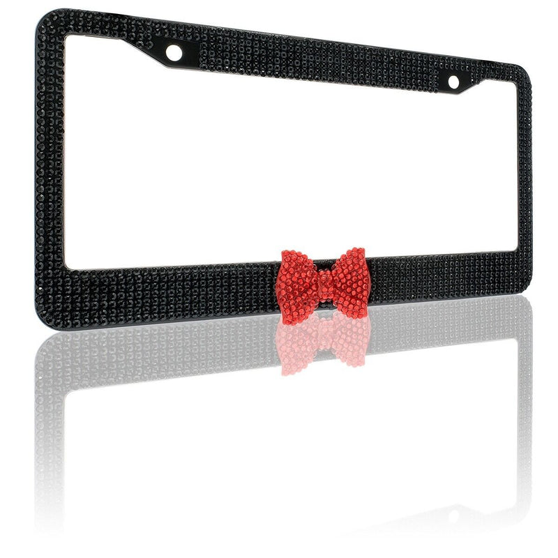 Black 7 Rows Bling Diamond Crystal License Plate Frame With Red Bow Tie