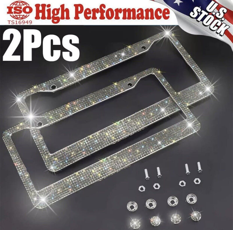 Pack of 2 Bling Metal License Plate Frame Sparkling Glitter Crystal Diamond