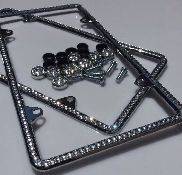 2x Chrome Plated License Frame Diamond Silver Bling Glitter Crystal RhineStone