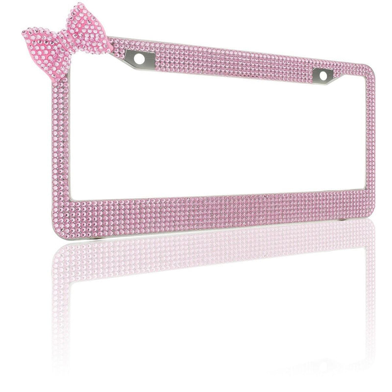 Pink 7 Rows Bling Diamond Crystal License Plate Frame With Corner Pink Bow Tie