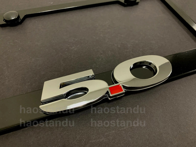 1x 5.0 For Mustang 3D Emblem Black Stainless License Plate Frame + Screw Caps, 1 Year Manufacturer Warranty