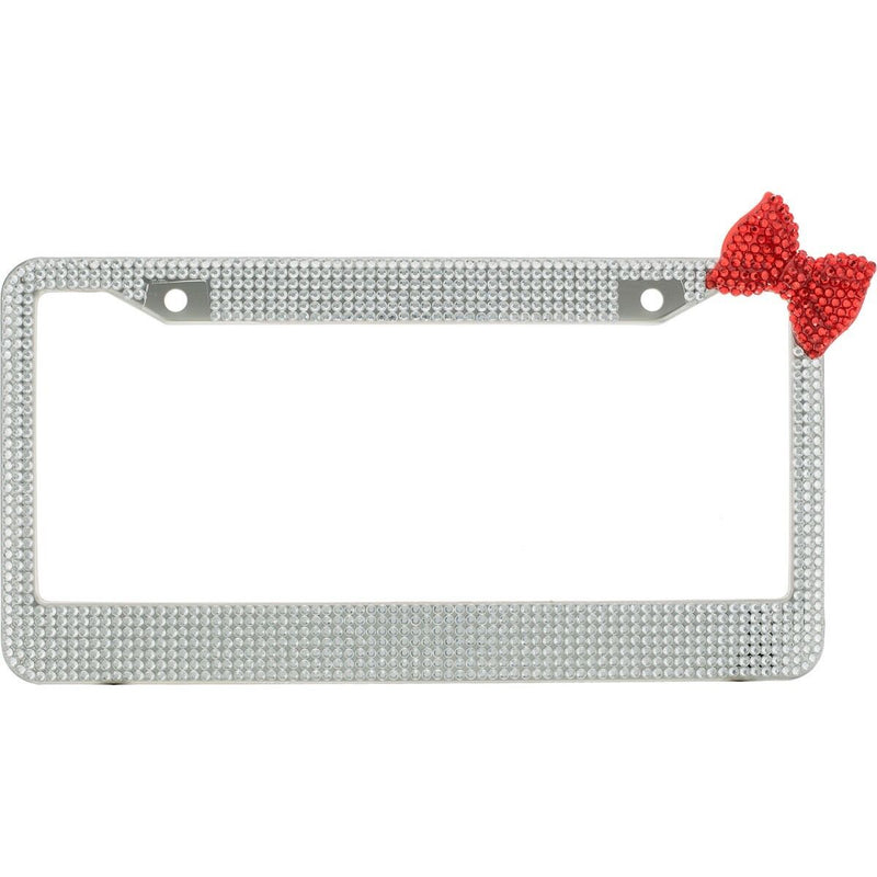 Clear 7 Rows Bling Diamond Crystal License Plate Frame With Corner Red Bow Tie
