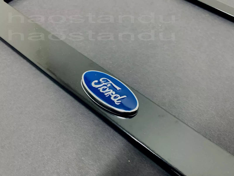 1x FORD LOGO 3D Emblem BLACK Stainless License Plate Frame RUST FREE + Screw Cap