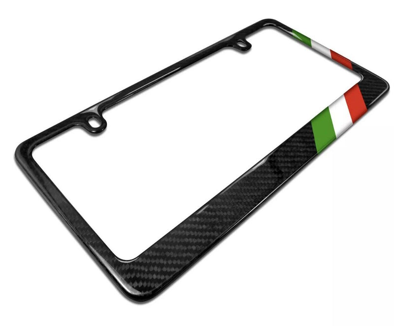 Real Black Carbon Fiber Italy Flag Off-center in Sports Stripe License Frame