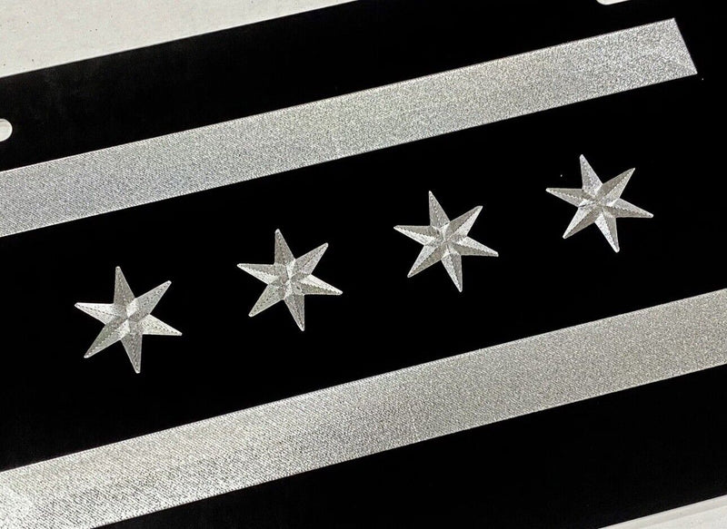 Engraved Chicago Flag Car Tag Diamond Etched Aluminum Metal Black License Plate