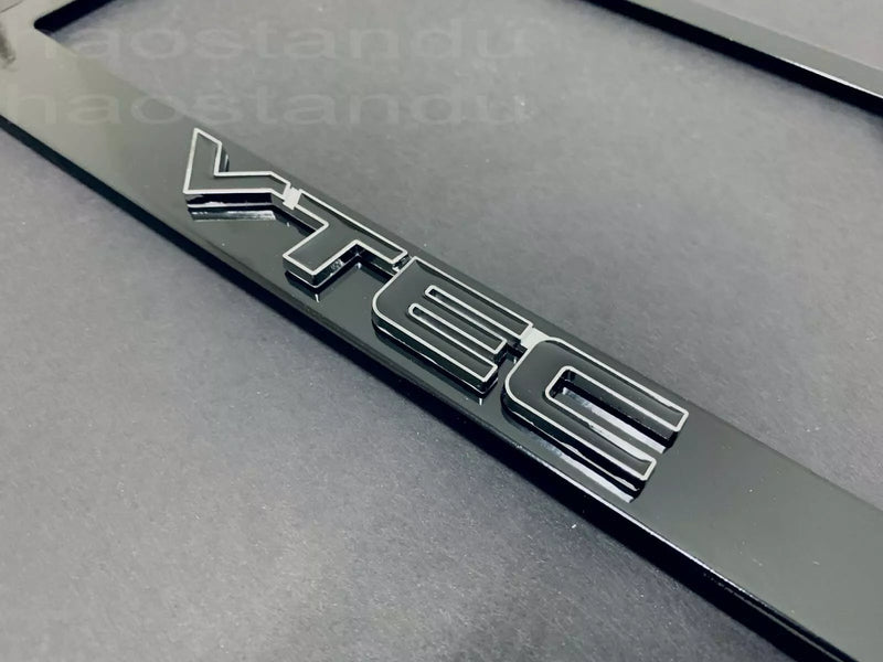 1x VTEC 3D Emblem BLACK Stainless License Plate Frame RUST FREE + Screw Cap BLK