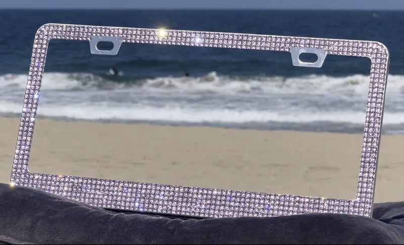 Bling Rhinestones License Plate Frame 2PCS Sparkling Pink Crystal Diamond
