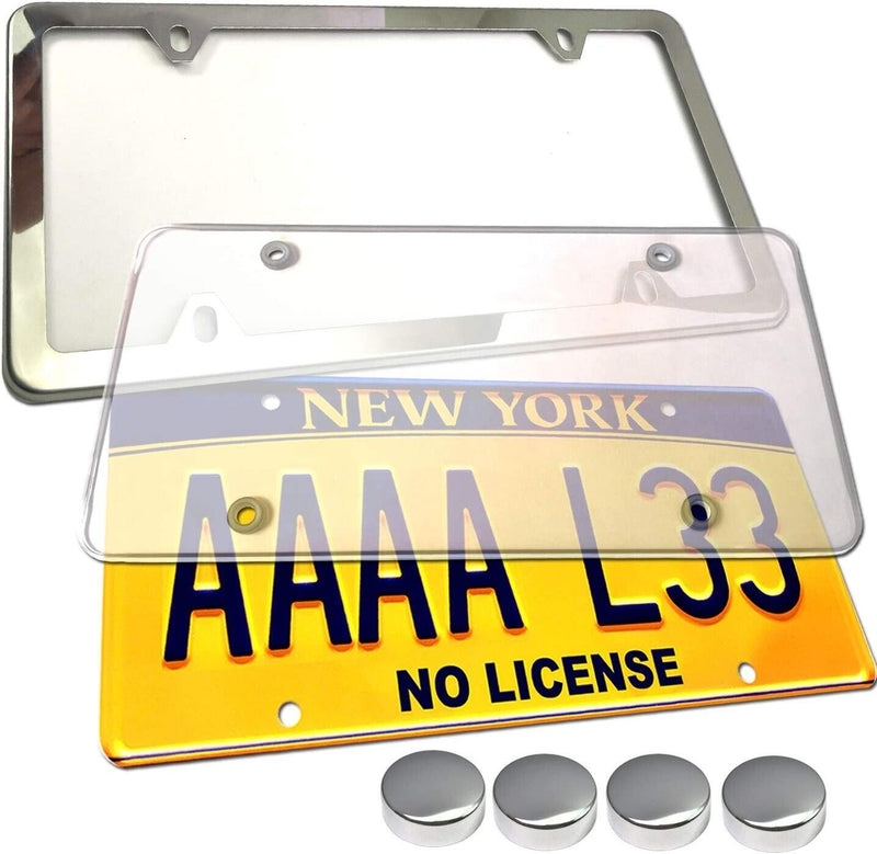 License Plate Cover Frame Combo - Clear Cover and Mirror Stainless Steel Holder
