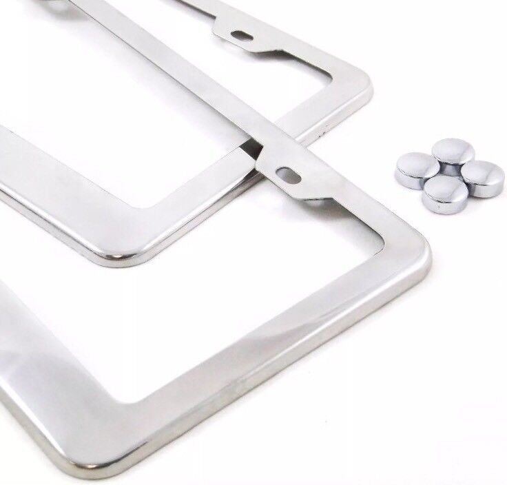 2 pcs High End Stainless Steel Mirror Chrome License Plate Frame+Free Cap