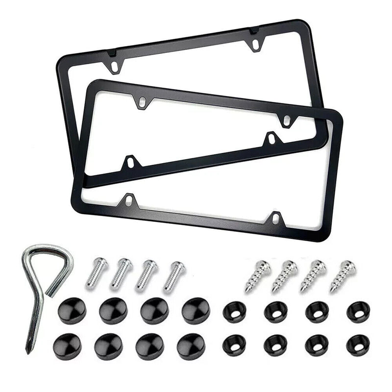 2x Black Stainless Steel Metal License Plate Frame Cover With Screw Caps