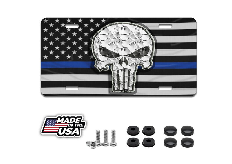 Skull license plate car truck SUV tag police blue line with flag