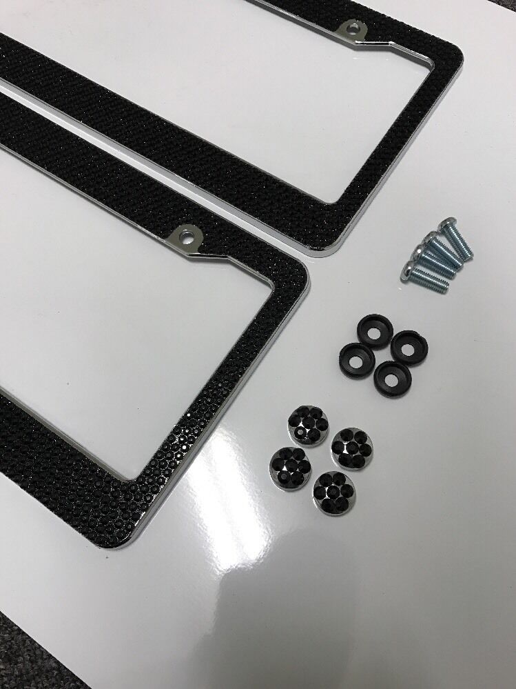 2 All Black Bling Glitter Crystal RhineStone License Plate Frame Car Truck Auto