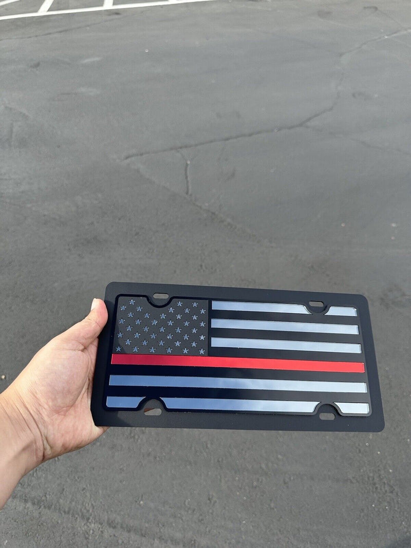 Premium License Plate American Flag w/ Thin Red Line Black Mirror Acrylic