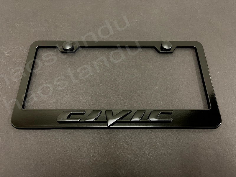 1x Black CIVIC 3D Emblem BLACK Stainless License Plate Frame RUST FREE + S.Cap