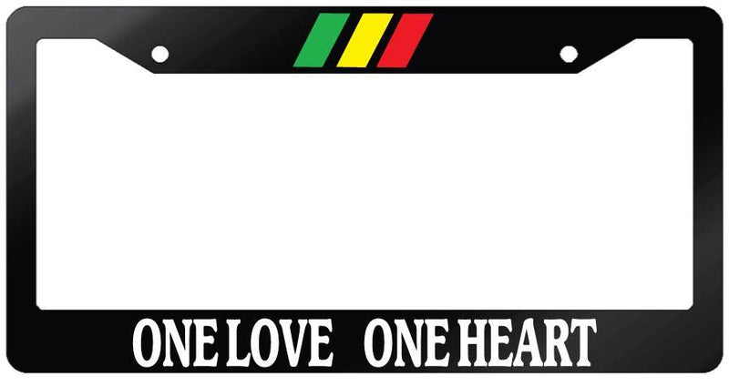 Glossy Black License Plate Frame ONE LOVE ONE HEART w/STRIPES  Mod-GRAPH9856236-7256