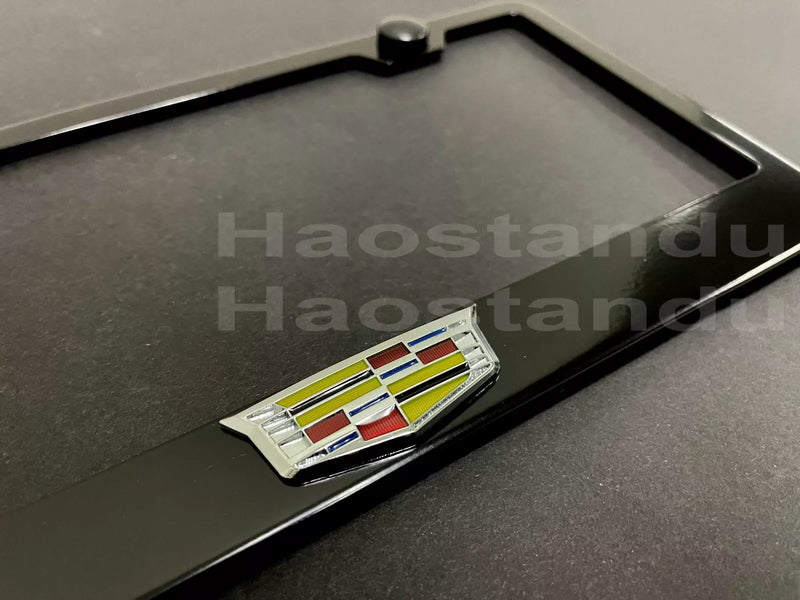 1x Cadillac LOGO 3D Emblem BLACK Stainless License Plate Frame RUST FREE (COLOR)