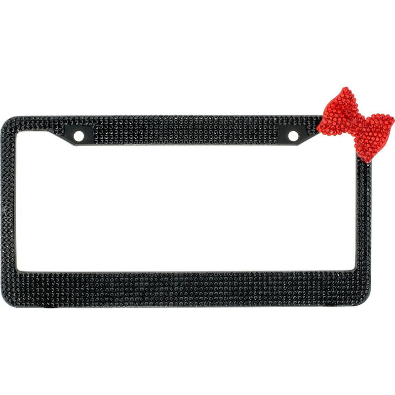 Black 7 Rows Bling Diamond Crystal License Plate Frame With Corner Red Bow Tie